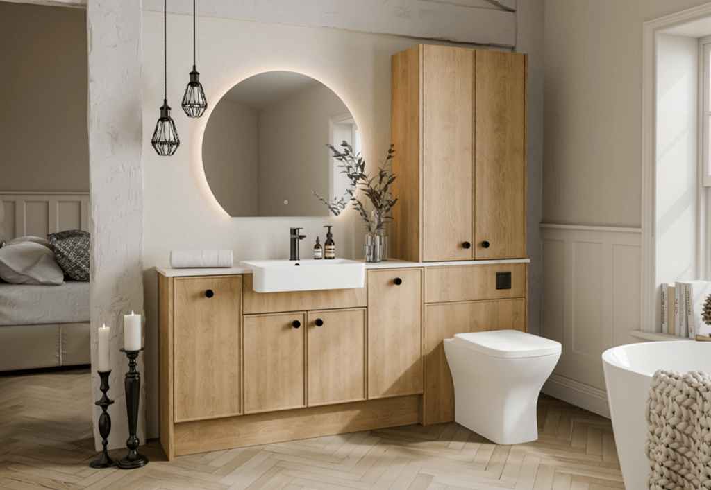 Origin bathroom furniture range in Sandy Oak with illuminated mirror