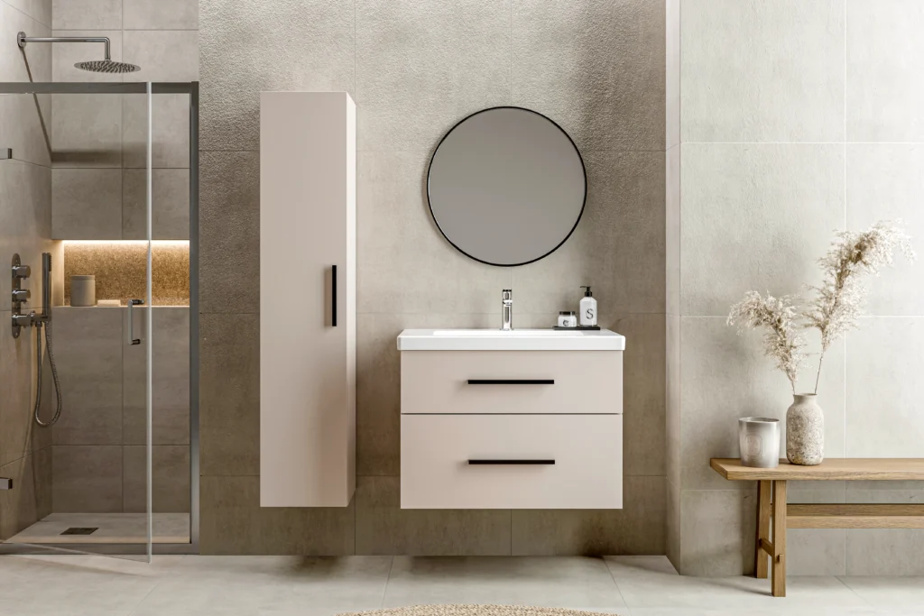 d1 Cashmere bathroom vanity with circular mirror