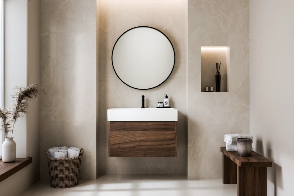 Dark walnut wall-mounted vanity with round mirror