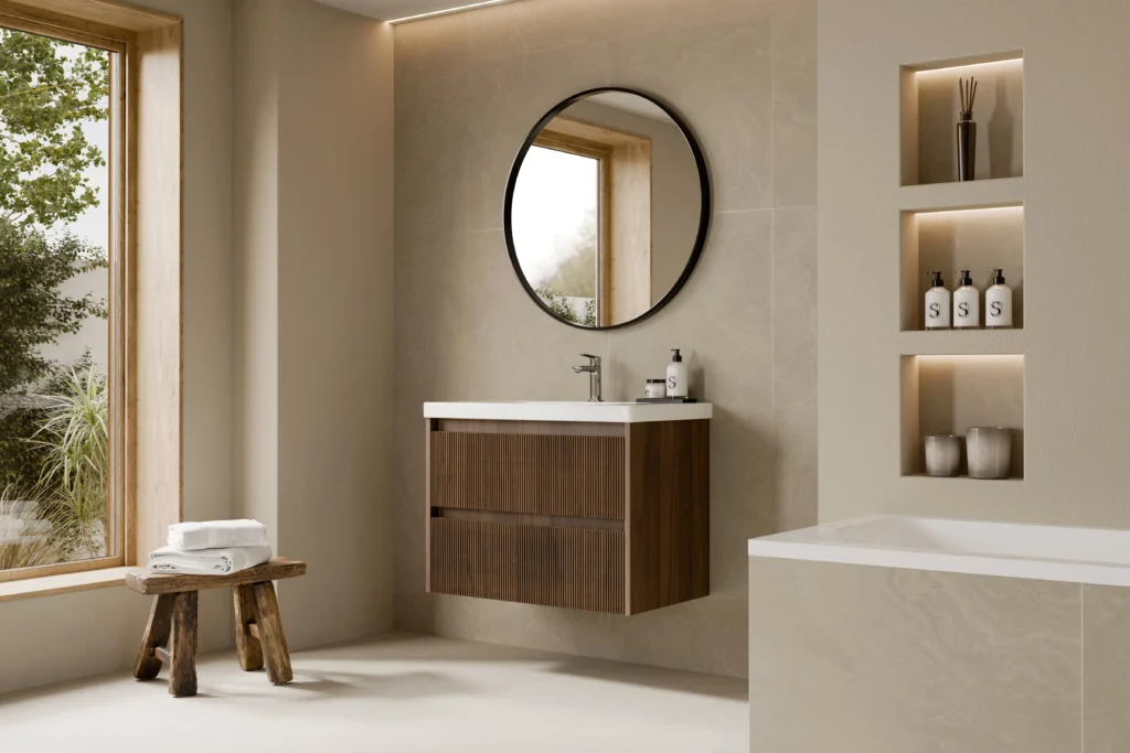 Dark walnut wall-mounted vanity with round mirror